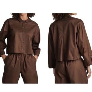EVERLANE The Woven Cotton PJ Top in Chestnut SMALL Oversized Boxy Brown S NWT